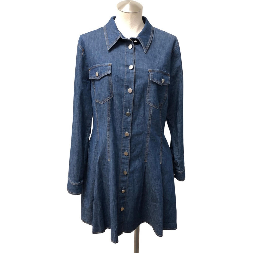 Exquise Denim Dress Womens Medium Indigo Blue Denim Snap Front Long Sleeve